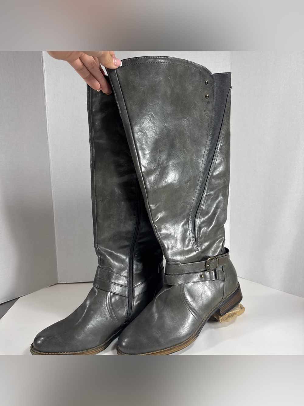 Women’s Tall Grey Leather Riding Boots